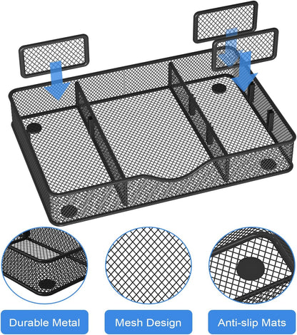 Desk Drawer Organizer Tray, Metal Mesh Drawer Organizers Office, 6 Adjustable Compartment, Desk Organizer Tray for Home Office 12.87L x 8.73D x 1.96H inch, Black, Medium