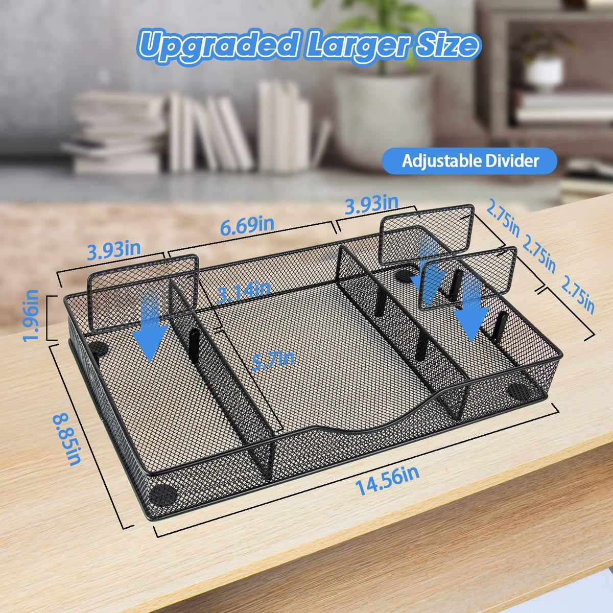 Desk Drawer Organizer Tray, Metal Mesh Drawer Organizers Office, 6 Adjustable Compartment, Desk Organizer Tray for Home Office 12.87L x 8.73D x 1.96H inch, Black, Medium