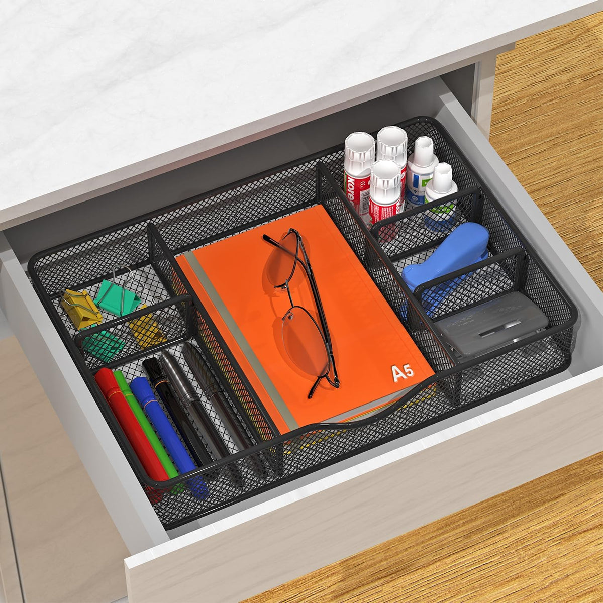 Desk Drawer Organizer Tray, Metal Mesh Drawer Organizers Office, 6 Adjustable Compartment, Desk Organizer Tray for Home Office 12.87L x 8.73D x 1.96H inch, Black, Medium