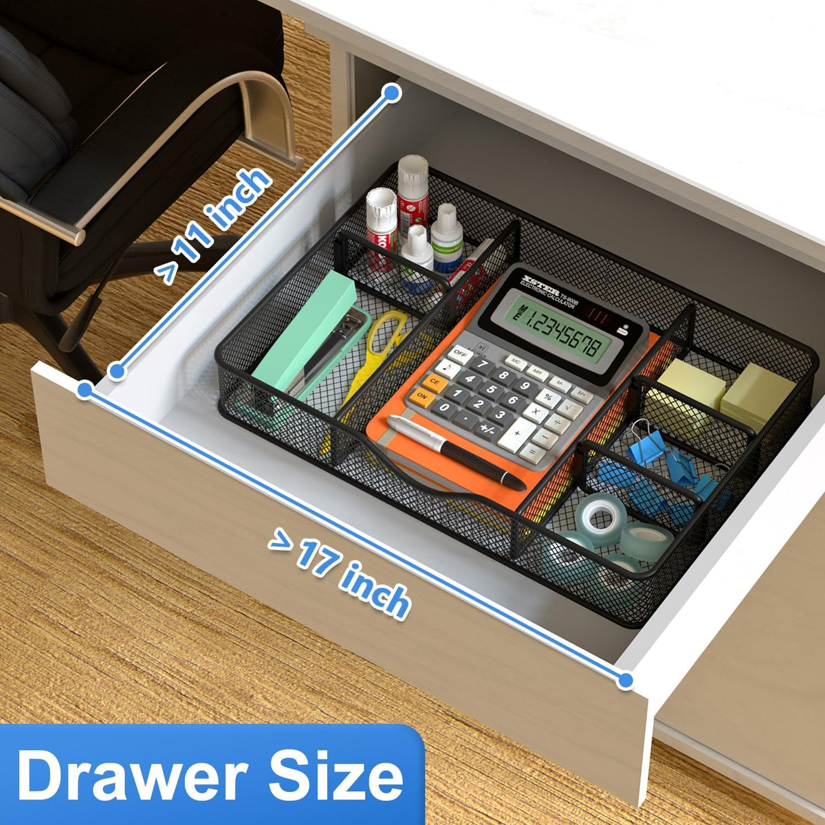 Desk Drawer Organizer Tray, Metal Mesh Drawer Organizers Office, 6 Adjustable Compartment, Desk Organizer Tray for Home Office 12.87L x 8.73D x 1.96H inch, Black, Medium