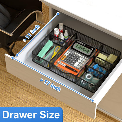 Desk Drawer Organizer Tray, Metal Mesh Drawer Organizers Office, 6 Adjustable Compartment, Desk Organizer Tray for Home Office 12.87L x 8.73D x 1.96H inch, Black, Medium