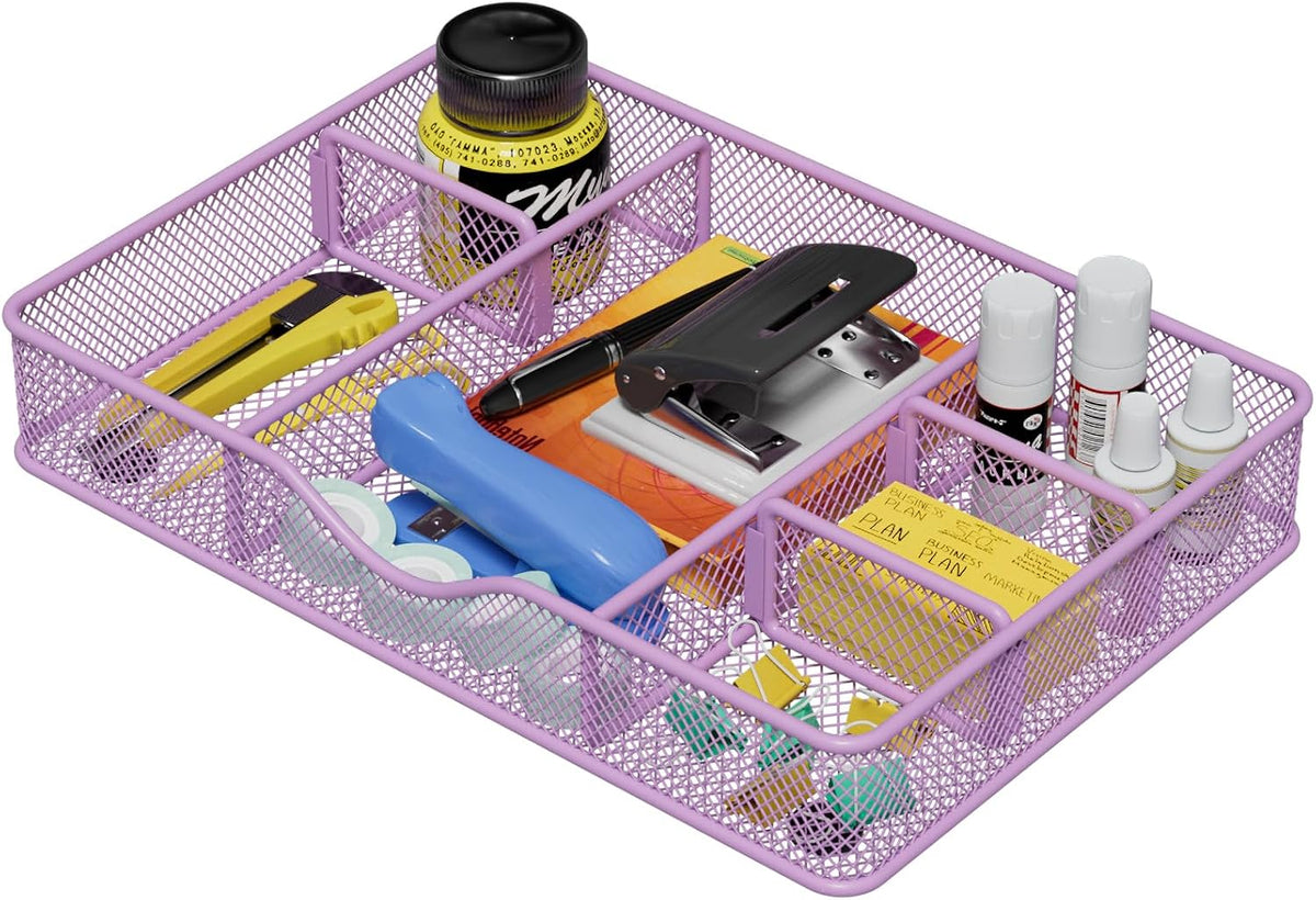 Desk Drawer Organizer Tray, Metal Mesh Drawer Organizers Office, 6 Adjustable Compartment, Desk Organizer Tray for Home Office 12.87L x 8.73D x 1.96H inch, Black, Medium
