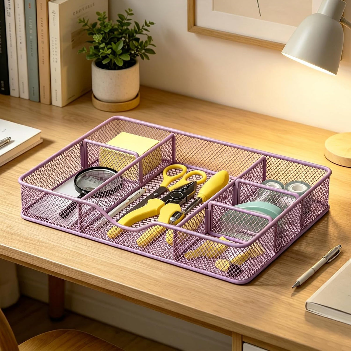 Desk Drawer Organizer Tray, Metal Mesh Drawer Organizers Office, 6 Adjustable Compartment, Desk Organizer Tray for Home Office 12.87L x 8.73D x 1.96H inch, Black, Medium