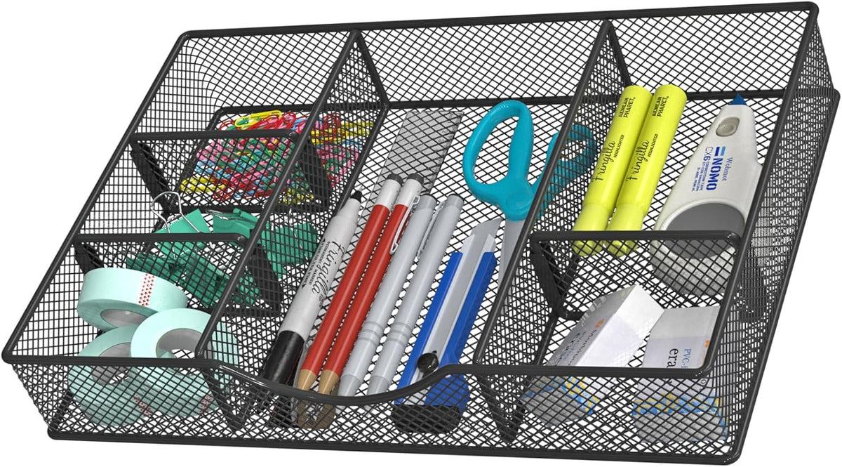 Desk Drawer Organizer Tray, Metal Mesh Drawer Organizers Office, 6 Adjustable Compartment, Desk Organizer Tray for Home Office 12.87L x 8.73D x 1.96H inch, Black, Medium