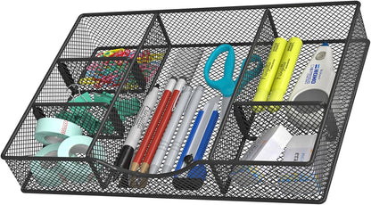 Desk Drawer Organizer Tray, Metal Mesh Drawer Organizers Office, 6 Adjustable Compartment, Desk Organizer Tray for Home Office 12.87L x 8.73D x 1.96H inch, Black, Medium