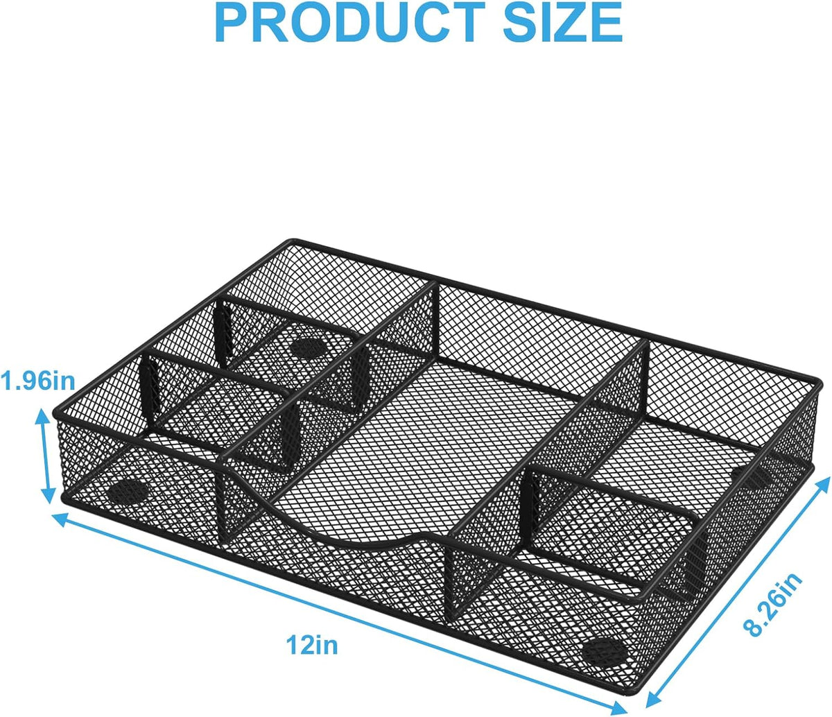 Desk Drawer Organizer Tray, Metal Mesh Drawer Organizers Office, 6 Adjustable Compartment, Desk Organizer Tray for Home Office 12.87L x 8.73D x 1.96H inch, Black, Medium