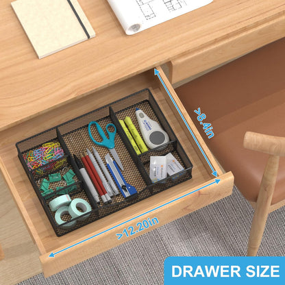 Desk Drawer Organizer Tray, Metal Mesh Drawer Organizers Office, 6 Adjustable Compartment, Desk Organizer Tray for Home Office 12.87L x 8.73D x 1.96H inch, Black, Medium