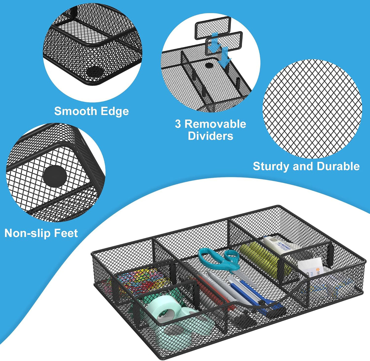 Desk Drawer Organizer Tray, Metal Mesh Drawer Organizers Office, 6 Adjustable Compartment, Desk Organizer Tray for Home Office 12.87L x 8.73D x 1.96H inch, Black, Medium