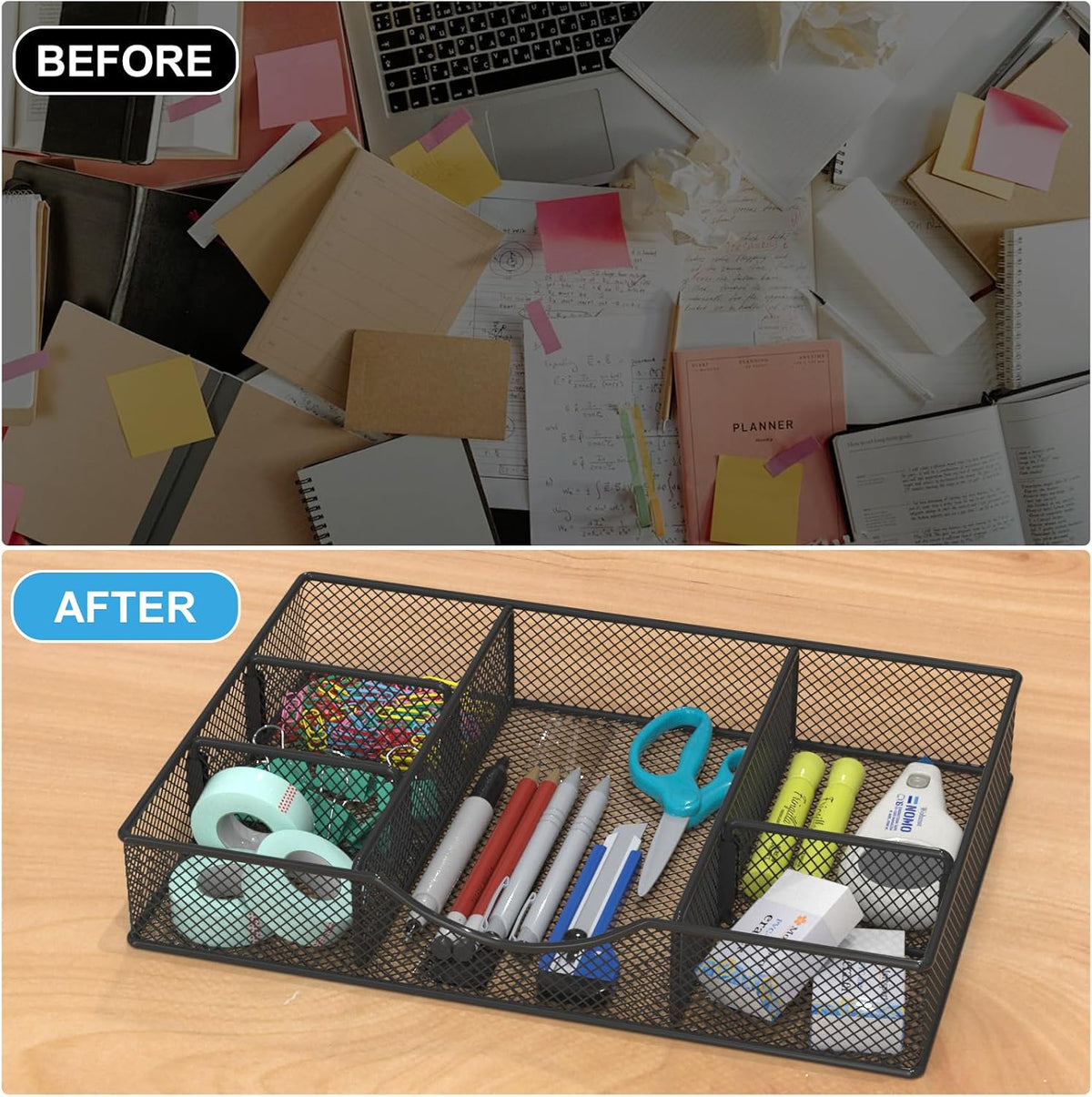 Desk Drawer Organizer Tray, Metal Mesh Drawer Organizers Office, 6 Adjustable Compartment, Desk Organizer Tray for Home Office 12.87L x 8.73D x 1.96H inch, Black, Medium
