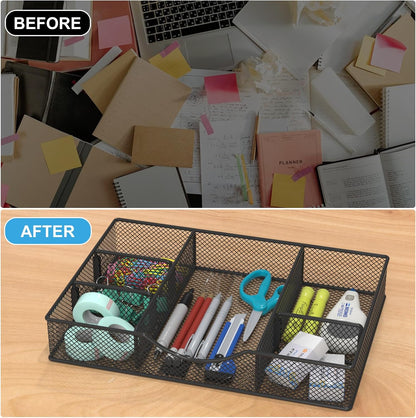 Desk Drawer Organizer Tray, Metal Mesh Drawer Organizers Office, 6 Adjustable Compartment, Desk Organizer Tray for Home Office 12.87L x 8.73D x 1.96H inch, Black, Medium