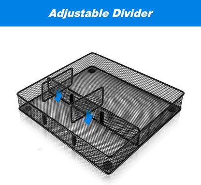 Desk Drawer Organizer Tray, Metal Mesh Drawer Organizers Office, 6 Adjustable Compartment, Desk Organizer Tray for Home Office 12.87L x 8.73D x 1.96H inch, Black, Medium