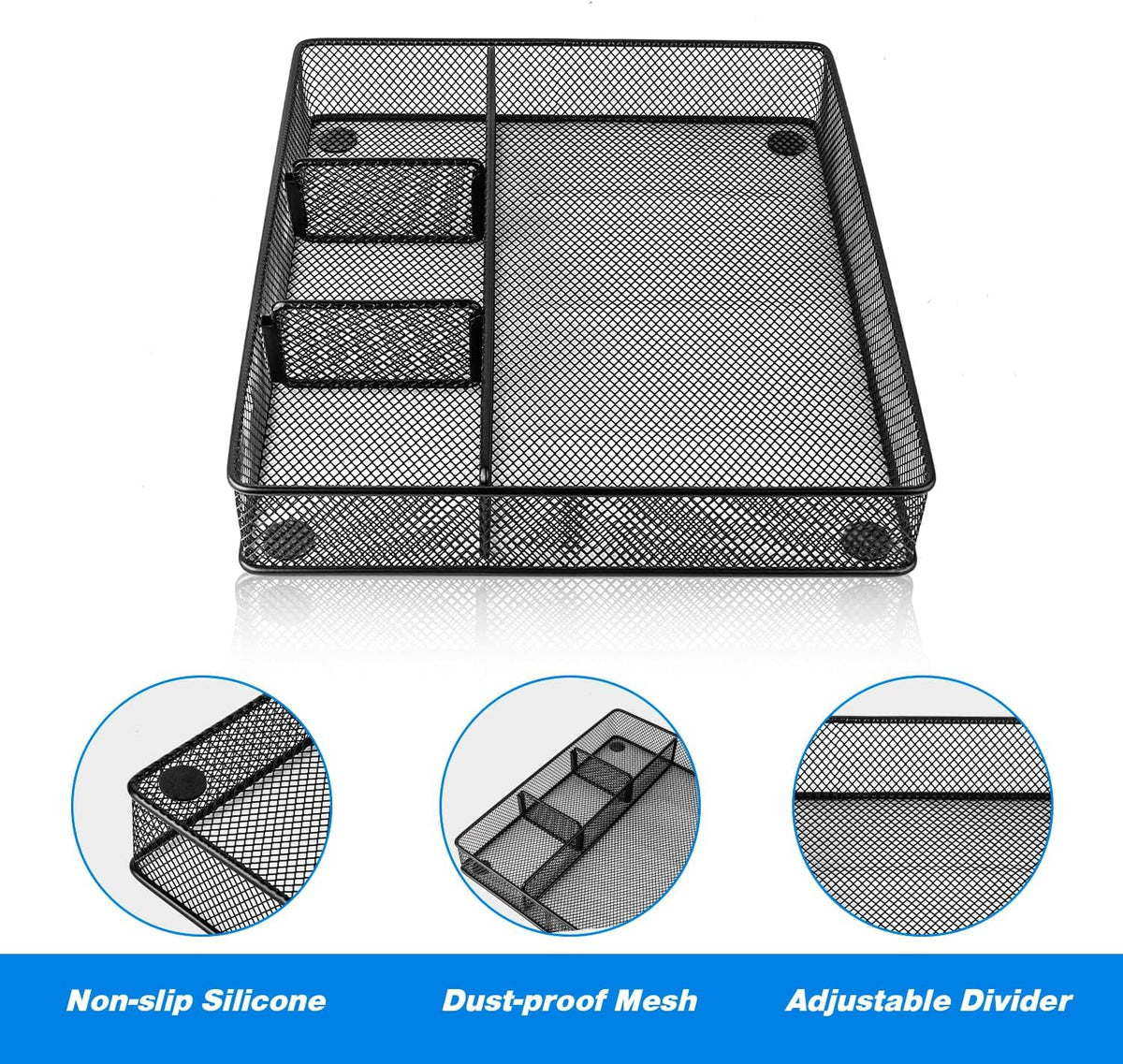 Desk Drawer Organizer Tray, Metal Mesh Drawer Organizers Office, 6 Adjustable Compartment, Desk Organizer Tray for Home Office 12.87L x 8.73D x 1.96H inch, Black, Medium