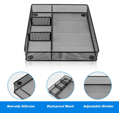 Desk Drawer Organizer Tray, Metal Mesh Drawer Organizers Office, 6 Adjustable Compartment, Desk Organizer Tray for Home Office 12.87L x 8.73D x 1.96H inch, Black, Medium