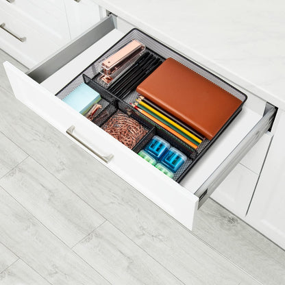 Desk Drawer Organizer Tray, Metal Mesh Drawer Organizers Office, 6 Adjustable Compartment, Desk Organizer Tray for Home Office 12.87L x 8.73D x 1.96H inch, Black, Medium