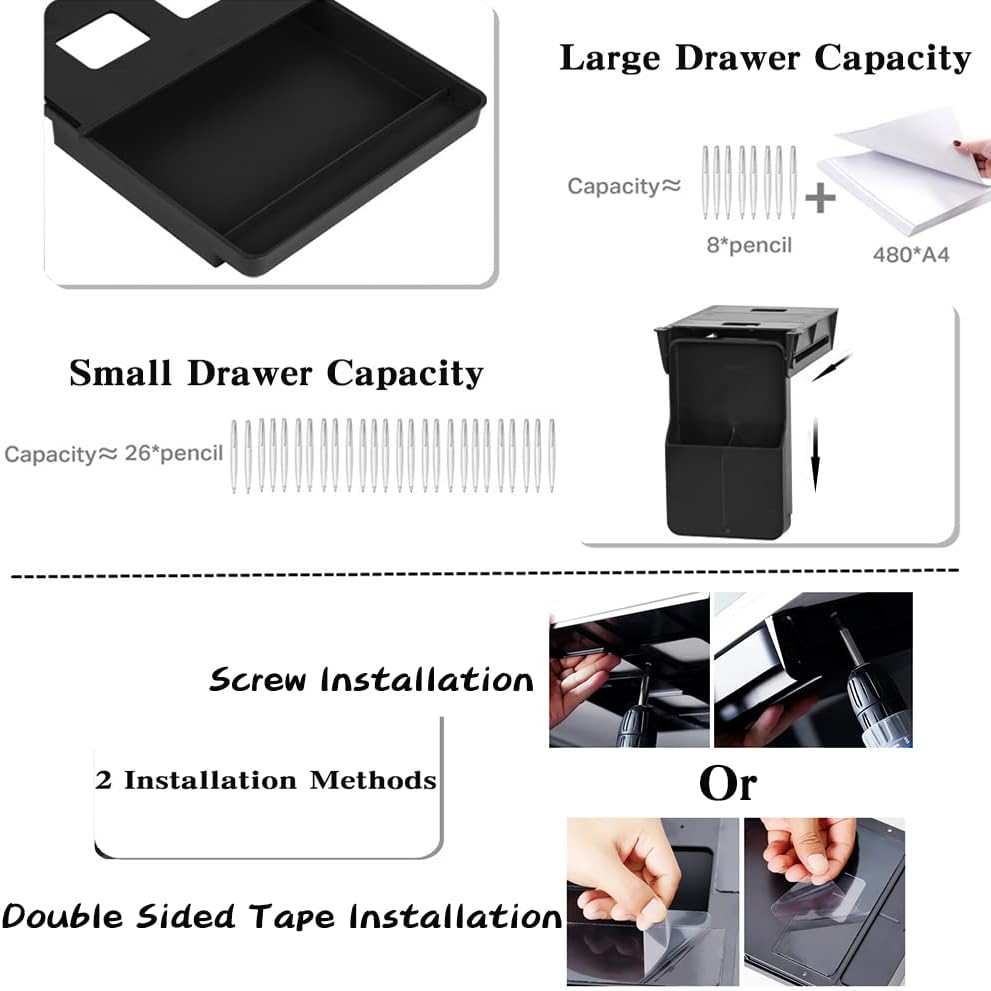 Under Desk Drawer Storage Organizer - 2 Pack (Large and Small) Black - (Please Note - Drawer Size/No Lip Under Desktop) - 2 Installation Methods (Screw or Adhesive)