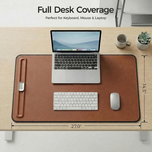 Desk Mat – Double-Sided Vegan Leather & Felt | Built-In Magnetic Cable Organizer & File Storage | Premium Workspace Pad for Office, Gaming & Creative Professionals-（Brown）
