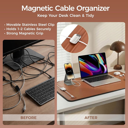 Desk Mat – Double-Sided Vegan Leather & Felt | Built-In Magnetic Cable Organizer & File Storage | Premium Workspace Pad for Office, Gaming & Creative Professionals-（Brown）
