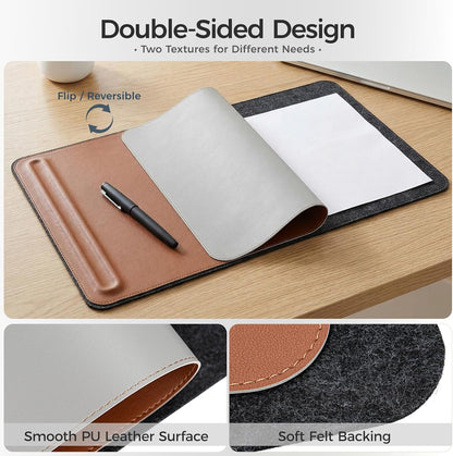 Desk Mat – Double-Sided Vegan Leather & Felt | Built-In Magnetic Cable Organizer & File Storage | Premium Workspace Pad for Office, Gaming & Creative Professionals-（Brown）