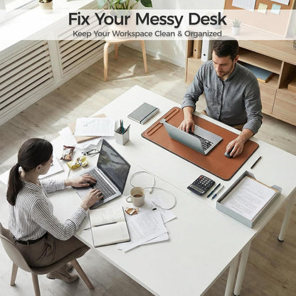 Desk Mat – Double-Sided Vegan Leather & Felt | Built-In Magnetic Cable Organizer & File Storage | Premium Workspace Pad for Office, Gaming & Creative Professionals-（Brown）