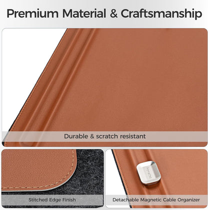 Desk Mat – Double-Sided Vegan Leather & Felt | Built-In Magnetic Cable Organizer & File Storage | Premium Workspace Pad for Office, Gaming & Creative Professionals-（Brown）