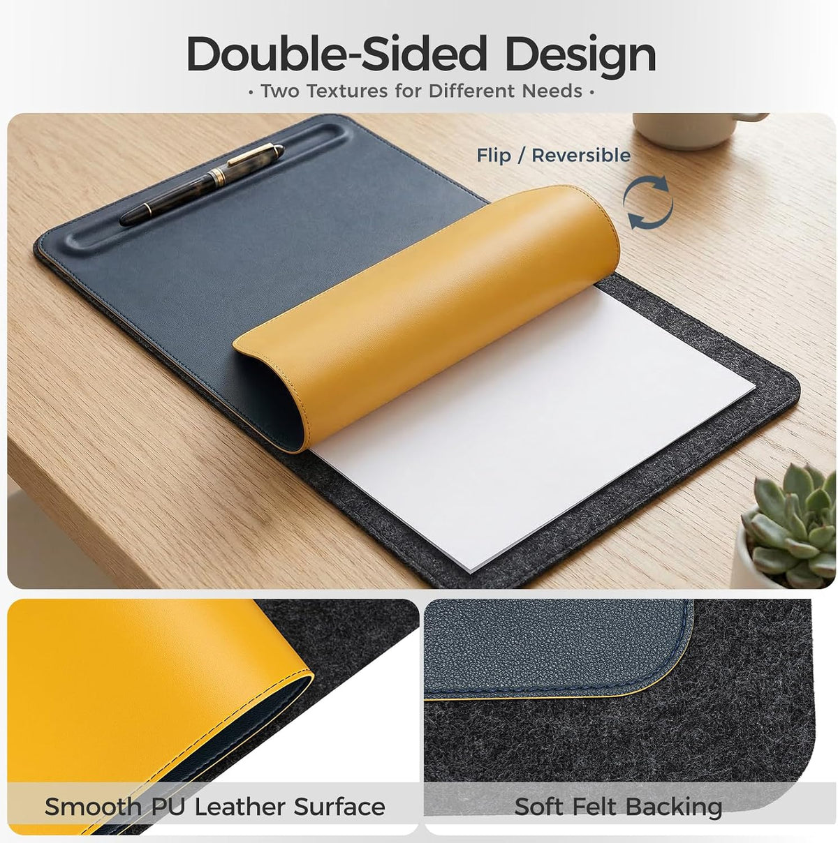 Desk Mat – Double-Sided Vegan Leather & Felt | Built-In Magnetic Cable Organizer & File Storage | Premium Workspace Pad for Office, Gaming & Creative Professionals-（Brown）
