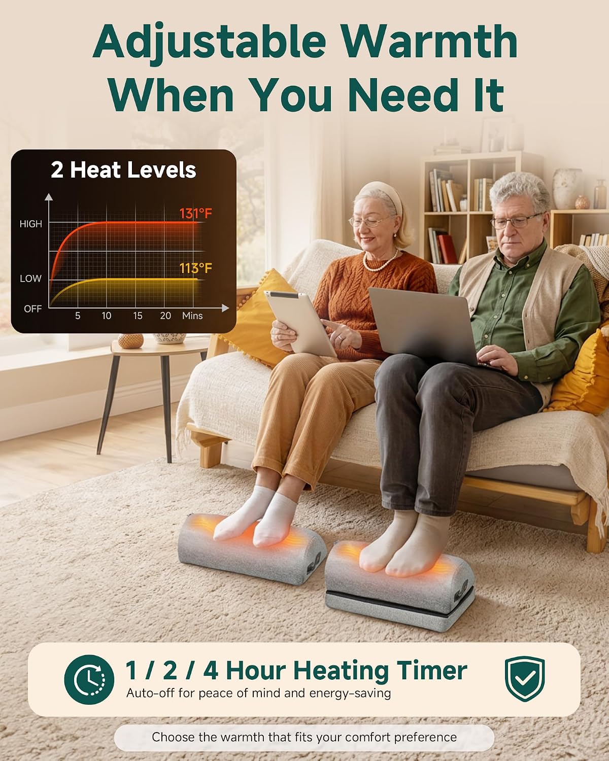 Heated Foot Rest Under Desk, Adjustable Height Foot Stool