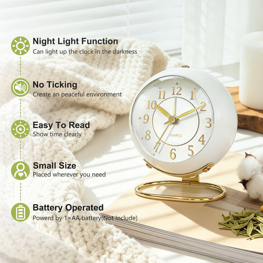 Analog Alarm Clock, Retro Small Desk Clock with Night Light, Backlight Cute Simple Metal Design, Silent Non-Ticking, Battery Powered, for Bedroom,Travel,Kitchen,Bedside Desktop Decor