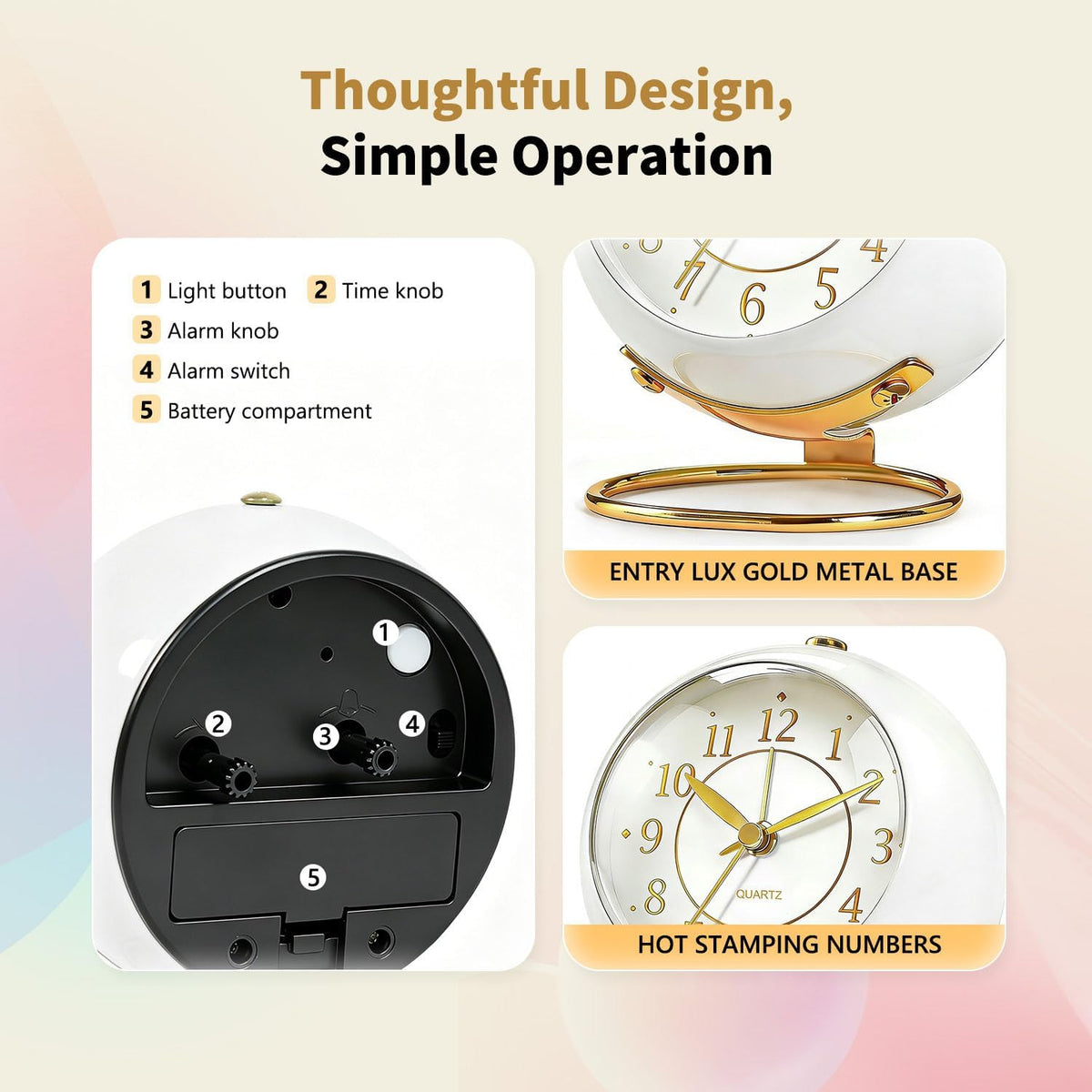 Analog Alarm Clock, Retro Small Desk Clock with Night Light, Backlight Cute Simple Metal Design, Silent Non-Ticking, Battery Powered, for Bedroom,Travel,Kitchen,Bedside Desktop Decor