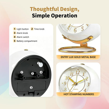 Analog Alarm Clock, Retro Small Desk Clock with Night Light, Backlight Cute Simple Metal Design, Silent Non-Ticking, Battery Powered, for Bedroom,Travel,Kitchen,Bedside Desktop Decor