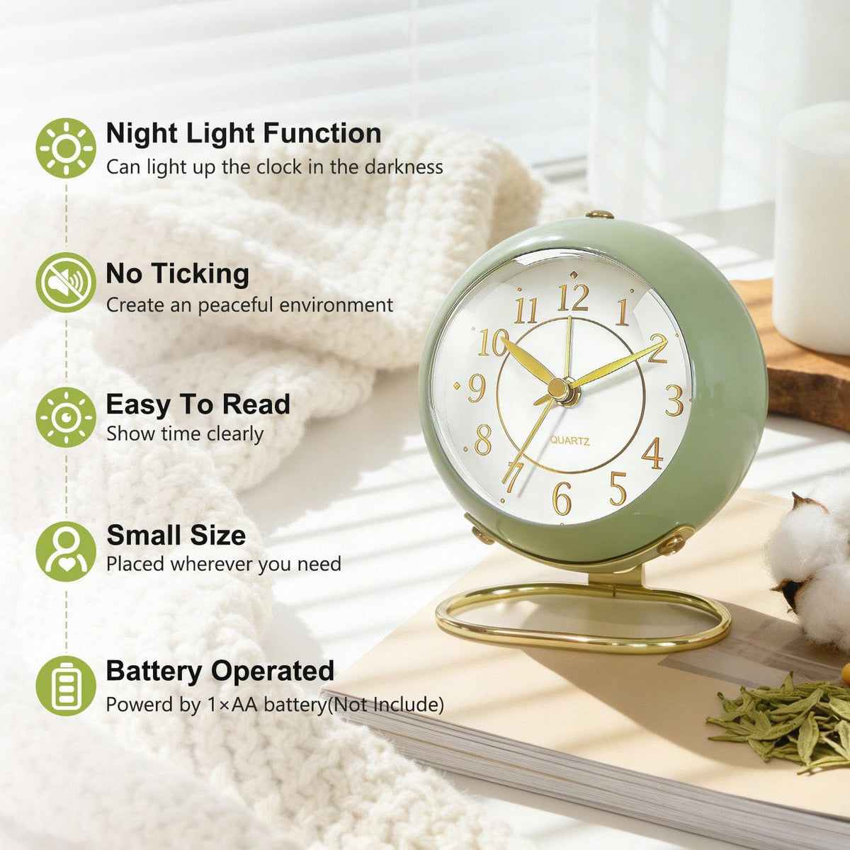 Analog Alarm Clock, Retro Small Desk Clock with Night Light, Backlight Cute Simple Metal Design, Silent Non-Ticking, Battery Powered, for Bedroom,Travel,Kitchen,Bedside Desktop Decor