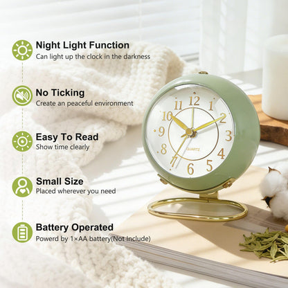 Analog Alarm Clock, Retro Small Desk Clock with Night Light, Backlight Cute Simple Metal Design, Silent Non-Ticking, Battery Powered, for Bedroom,Travel,Kitchen,Bedside Desktop Decor