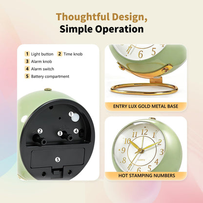 Analog Alarm Clock, Retro Small Desk Clock with Night Light, Backlight Cute Simple Metal Design, Silent Non-Ticking, Battery Powered, for Bedroom,Travel,Kitchen,Bedside Desktop Decor