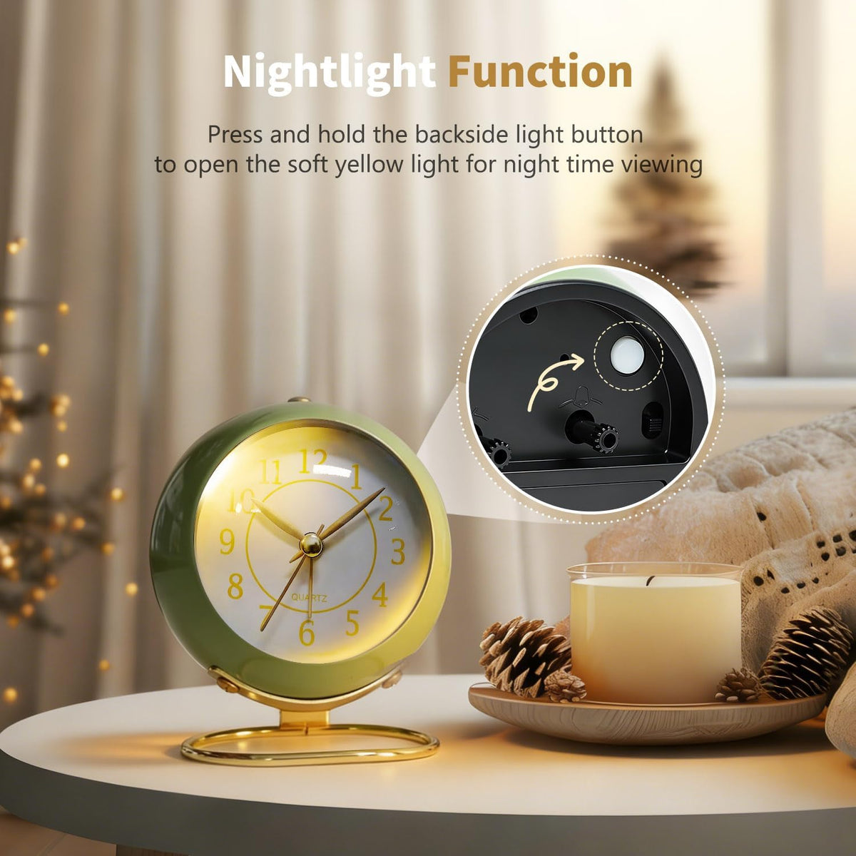 Analog Alarm Clock, Retro Small Desk Clock with Night Light, Backlight Cute Simple Metal Design, Silent Non-Ticking, Battery Powered, for Bedroom,Travel,Kitchen,Bedside Desktop Decor