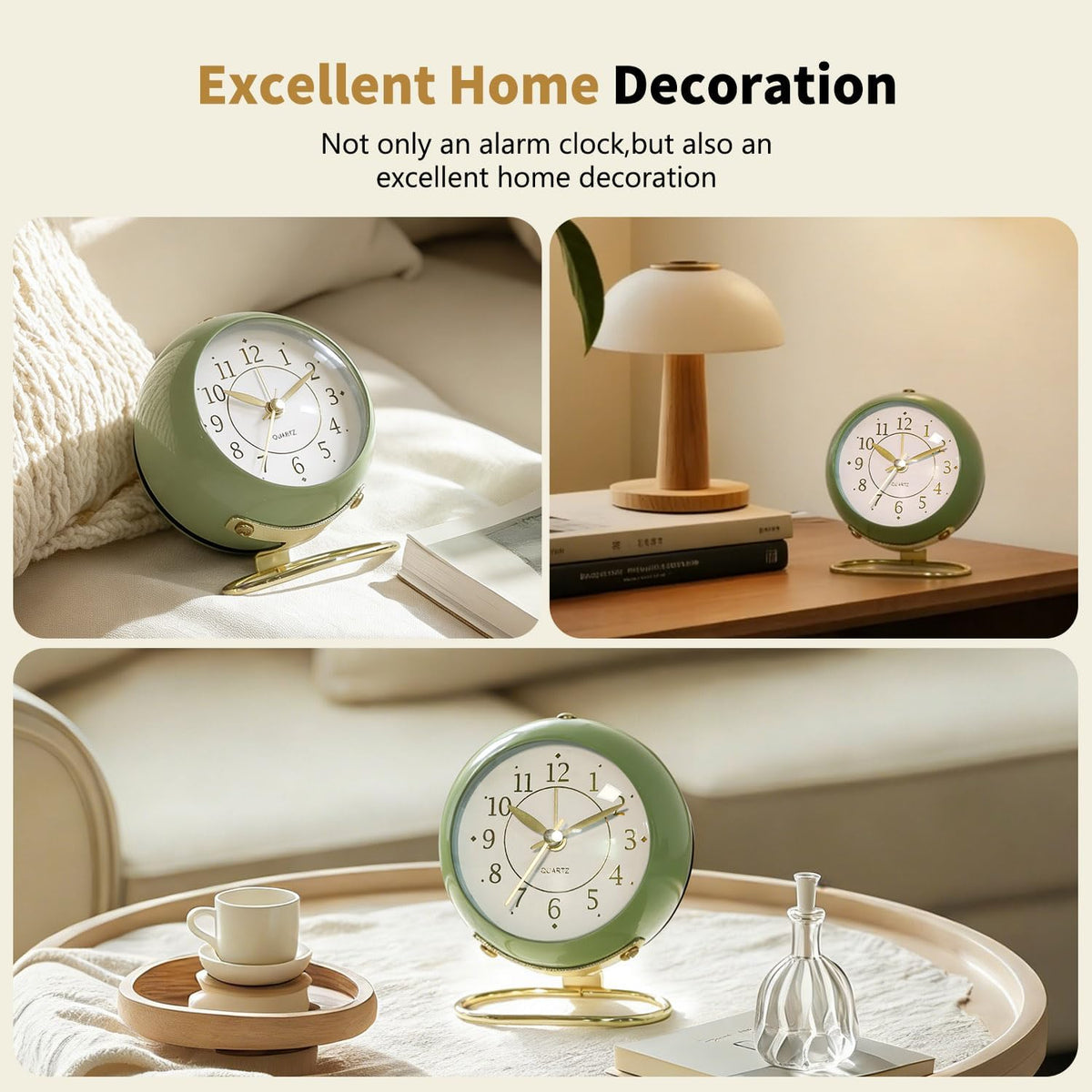 Analog Alarm Clock, Retro Small Desk Clock with Night Light, Backlight Cute Simple Metal Design, Silent Non-Ticking, Battery Powered, for Bedroom,Travel,Kitchen,Bedside Desktop Decor