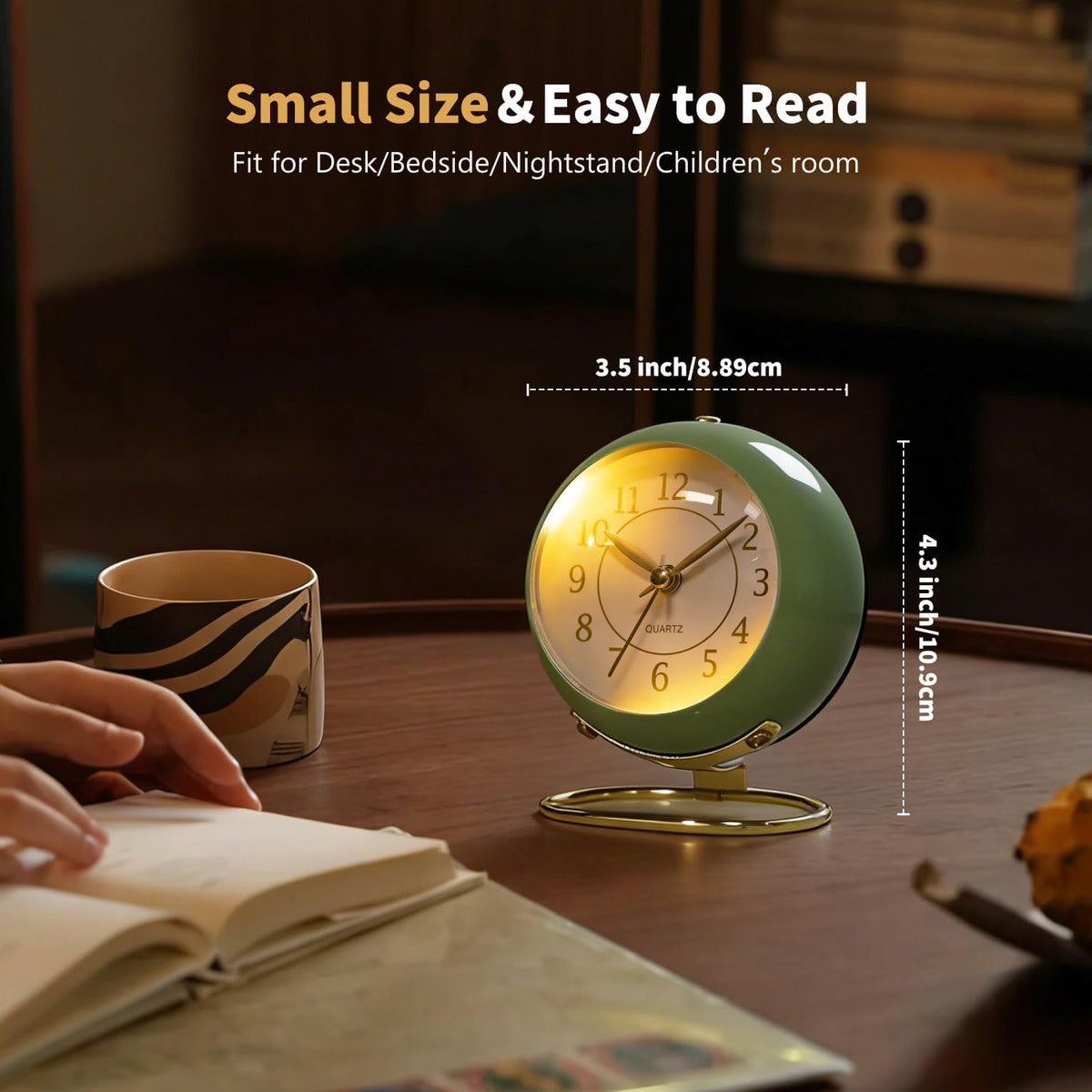 Analog Alarm Clock, Retro Small Desk Clock with Night Light, Backlight Cute Simple Metal Design, Silent Non-Ticking, Battery Powered, for Bedroom,Travel,Kitchen,Bedside Desktop Decor