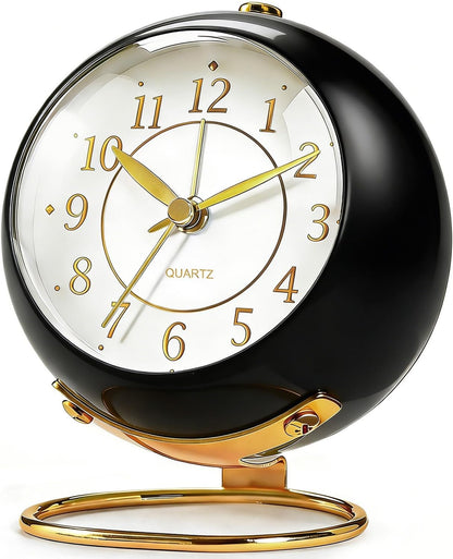 Analog Alarm Clock, Retro Small Desk Clock with Night Light, Backlight Cute Simple Metal Design, Silent Non-Ticking, Battery Powered, for Bedroom,Travel,Kitchen,Bedside Desktop Decor