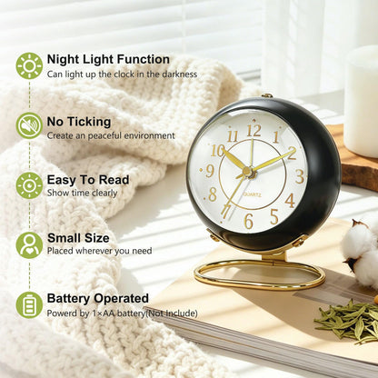 Analog Alarm Clock, Retro Small Desk Clock with Night Light, Backlight Cute Simple Metal Design, Silent Non-Ticking, Battery Powered, for Bedroom,Travel,Kitchen,Bedside Desktop Decor