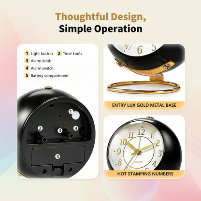 Analog Alarm Clock, Retro Small Desk Clock with Night Light, Backlight Cute Simple Metal Design, Silent Non-Ticking, Battery Powered, for Bedroom,Travel,Kitchen,Bedside Desktop Decor