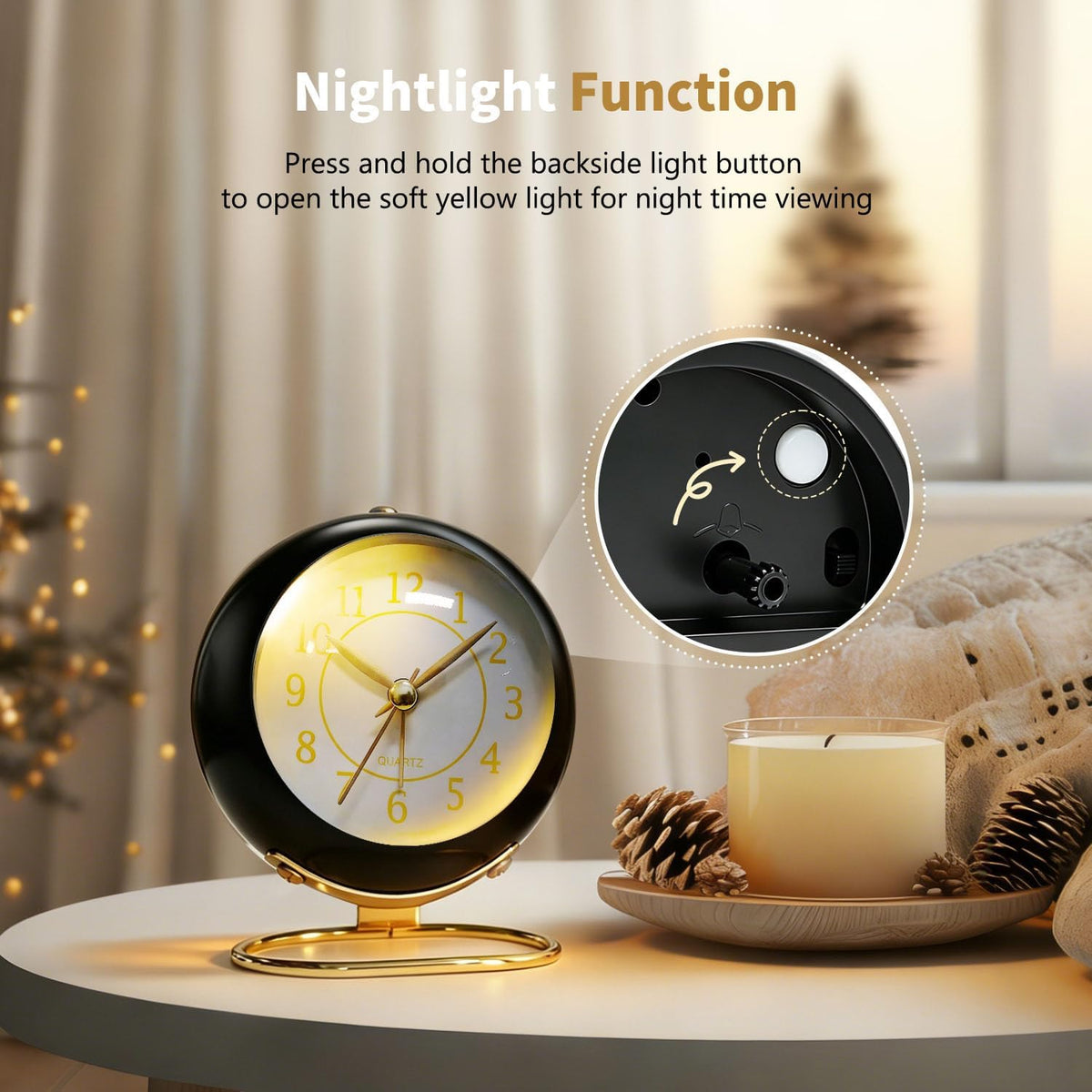 Analog Alarm Clock, Retro Small Desk Clock with Night Light, Backlight Cute Simple Metal Design, Silent Non-Ticking, Battery Powered, for Bedroom,Travel,Kitchen,Bedside Desktop Decor