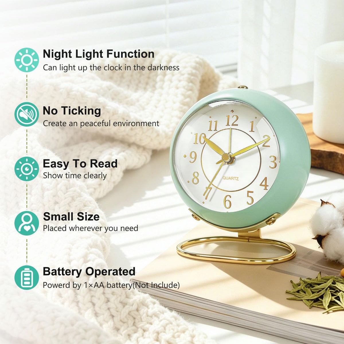 Analog Alarm Clock, Retro Small Desk Clock with Night Light, Backlight Cute Simple Metal Design, Silent Non-Ticking, Battery Powered, for Bedroom,Travel,Kitchen,Bedside Desktop Decor