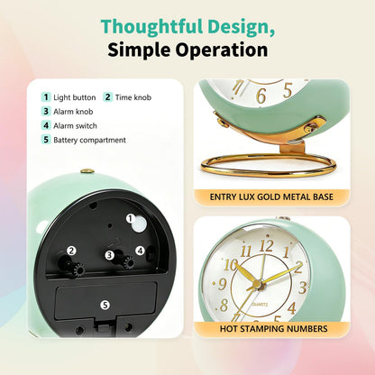 Analog Alarm Clock, Retro Small Desk Clock with Night Light, Backlight Cute Simple Metal Design, Silent Non-Ticking, Battery Powered, for Bedroom,Travel,Kitchen,Bedside Desktop Decor