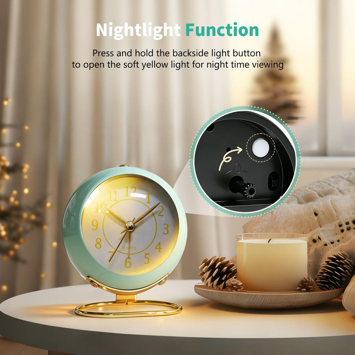 Analog Alarm Clock, Retro Small Desk Clock with Night Light, Backlight Cute Simple Metal Design, Silent Non-Ticking, Battery Powered, for Bedroom,Travel,Kitchen,Bedside Desktop Decor