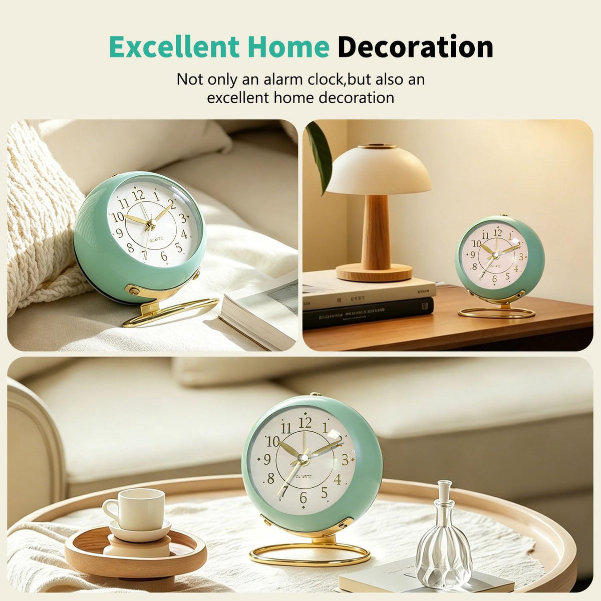 Analog Alarm Clock, Retro Small Desk Clock with Night Light, Backlight Cute Simple Metal Design, Silent Non-Ticking, Battery Powered, for Bedroom,Travel,Kitchen,Bedside Desktop Decor