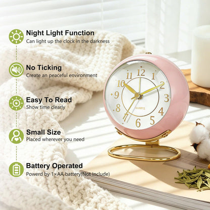 Analog Alarm Clock, Retro Small Desk Clock with Night Light, Backlight Cute Simple Metal Design, Silent Non-Ticking, Battery Powered, for Bedroom,Travel,Kitchen,Bedside Desktop Decor