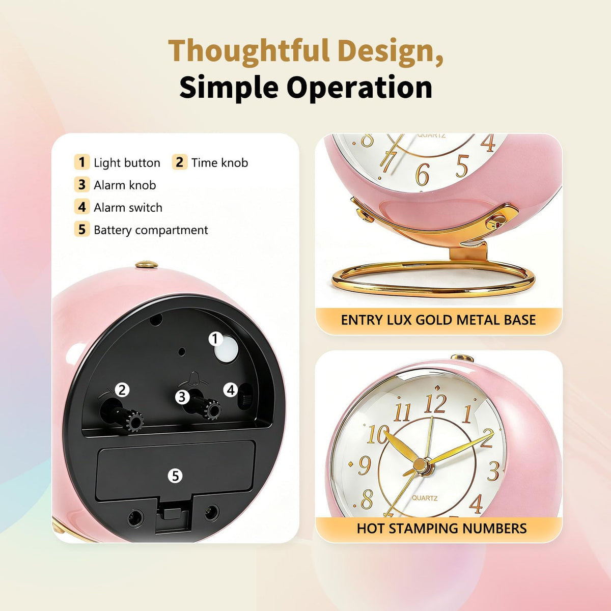 Analog Alarm Clock, Retro Small Desk Clock with Night Light, Backlight Cute Simple Metal Design, Silent Non-Ticking, Battery Powered, for Bedroom,Travel,Kitchen,Bedside Desktop Decor