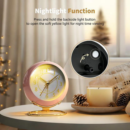 Analog Alarm Clock, Retro Small Desk Clock with Night Light, Backlight Cute Simple Metal Design, Silent Non-Ticking, Battery Powered, for Bedroom,Travel,Kitchen,Bedside Desktop Decor