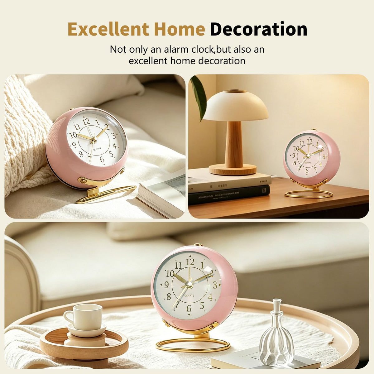 Analog Alarm Clock, Retro Small Desk Clock with Night Light, Backlight Cute Simple Metal Design, Silent Non-Ticking, Battery Powered, for Bedroom,Travel,Kitchen,Bedside Desktop Decor