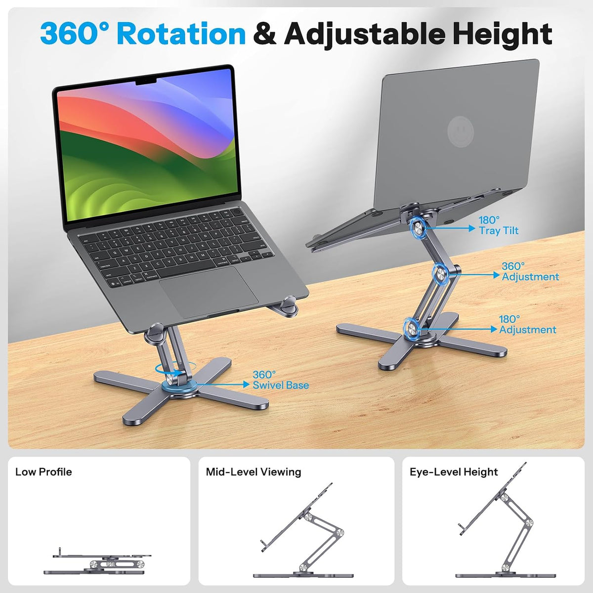 LA10 360° Rotating Laptop Stand Riser Foldable for Desk, Silver