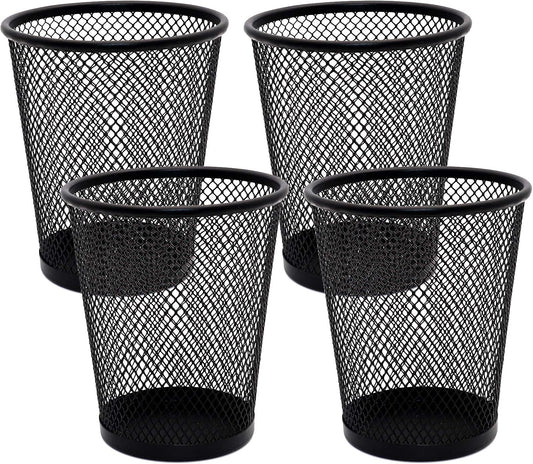 4 Pack Pen Holder Metal Mesh Pencil Holders Round Shaped Pen Holders for Desk Office Wire Mesh Container Pen Organizer,Black