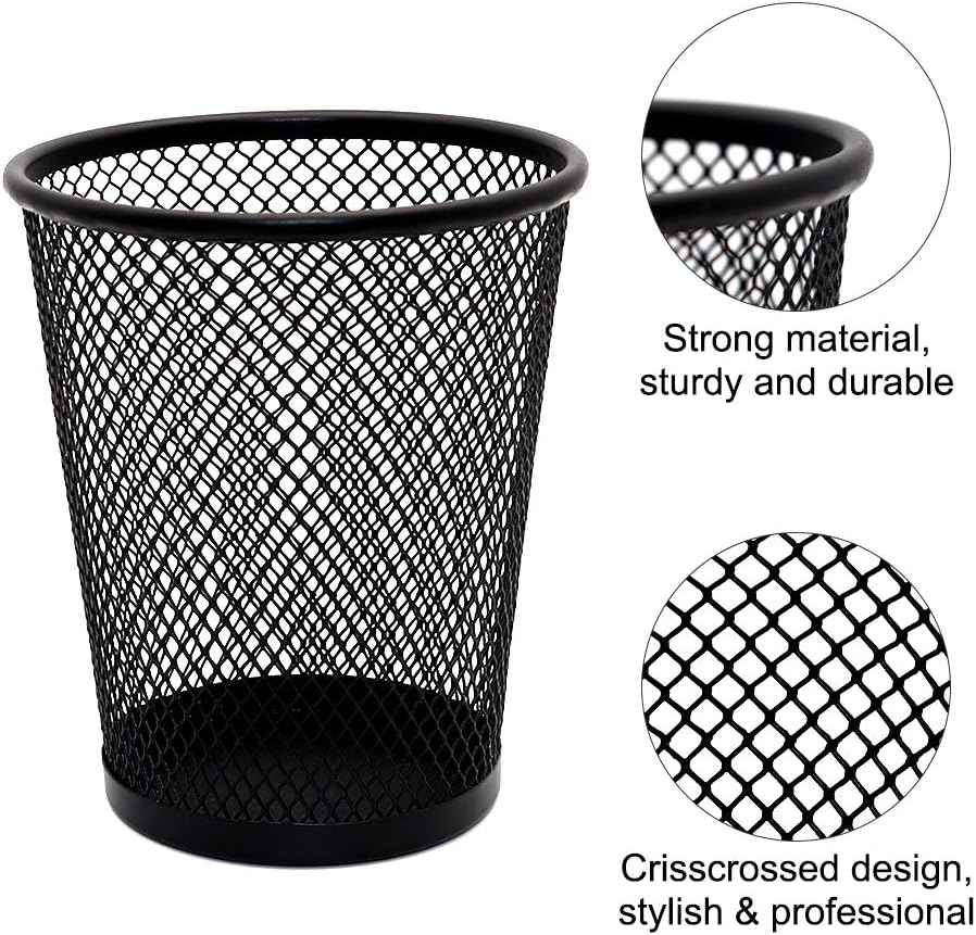 4 Pack Pen Holder Metal Mesh Pencil Holders Round Shaped Pen Holders for Desk Office Wire Mesh Container Pen Organizer,Black